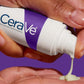 CeraVe skincare serum being applied to a hand against a purple background