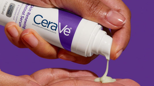 CeraVe skincare serum being applied to a hand against a purple background