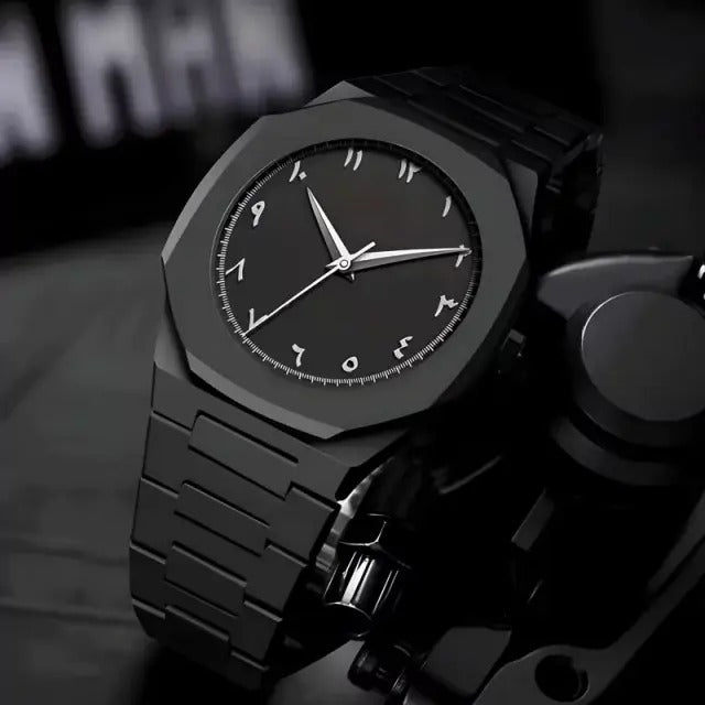 Black Arabic Aura Watch with Eastern Arabic Numerals & Date | Elegant Modern Wrist Watch