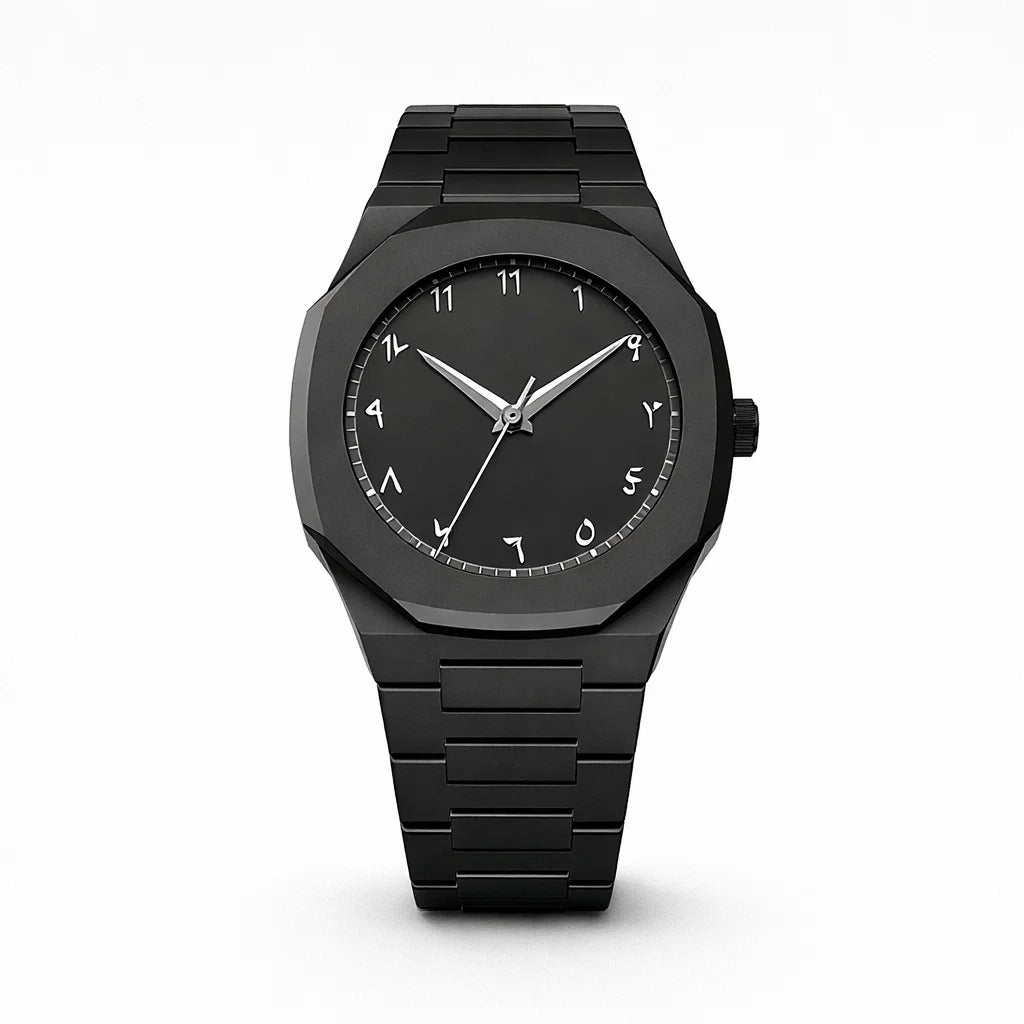 Black Arabic Aura Watch with Eastern Arabic Numerals & Date | Elegant Modern Wrist Watch