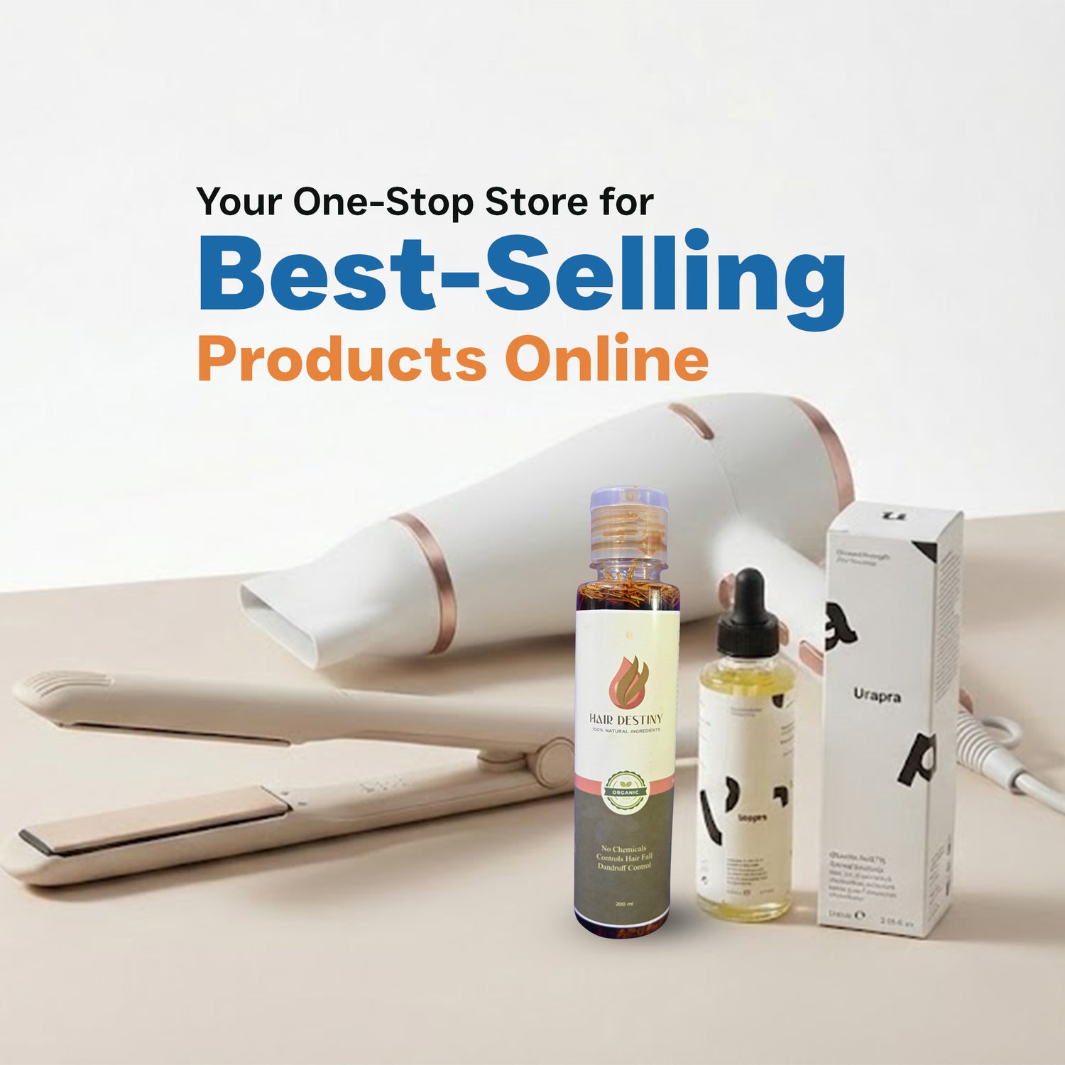 Hair straightener, bottles, and a box on a light surface with promotional text about an online store.