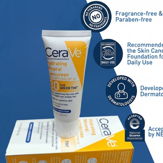CeraVe Hydrating Mineral Sunscreen SPF 50 – Broad Spectrum UV Protection with Ceramides & Hyaluronic Acid (50ml)