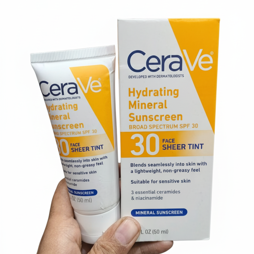 CeraVe Hydrating Mineral Sunscreen SPF 50 – Broad Spectrum UV Protection with Ceramides & Hyaluronic Acid (50ml)