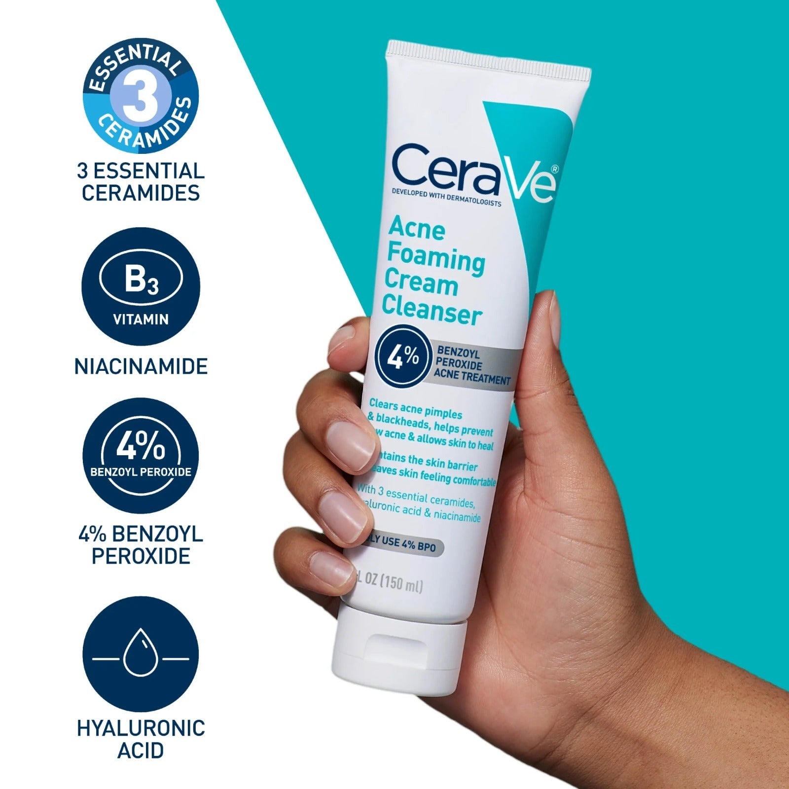 CeraVe Acne Foaming Cream Cleanser 4% Benzoyl Peroxide | Oil Control & Acne Care Face Wash (120ml)